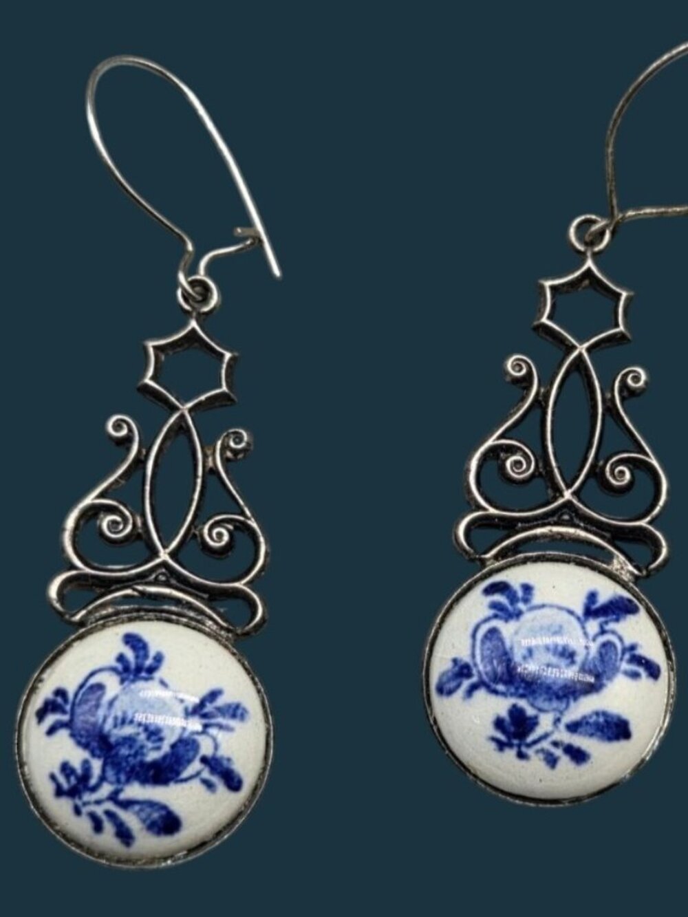 VTG Sterling Silver Filigree Blue White Porcelain Chinoiserie Dangle Earrings